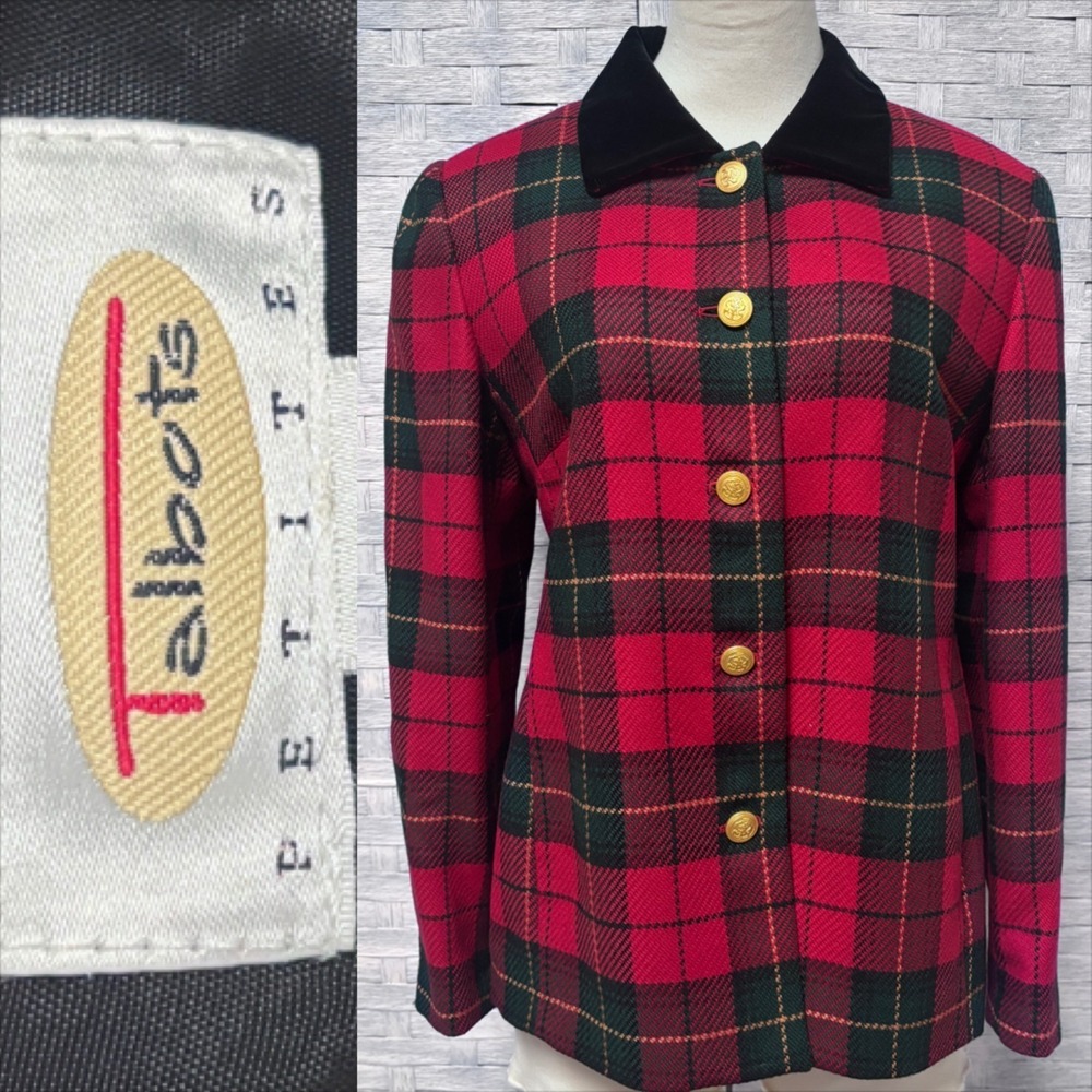 Talbots Plaid Wool Blazer 12P Red Green Excellent‎ Velvet Collar Crest Button